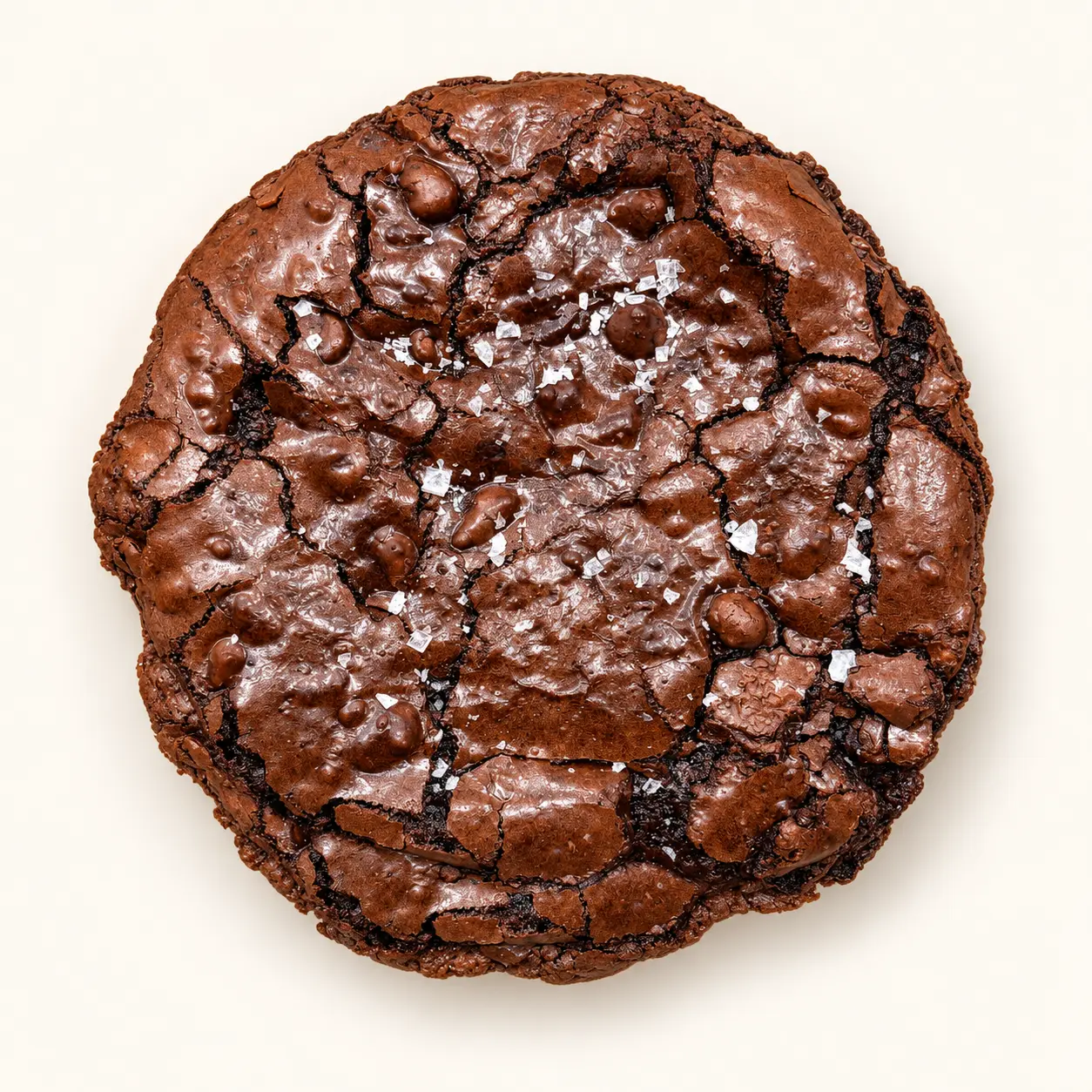 Flourless mocha fudge cookie with a glossy crackled top and flaky sea salt